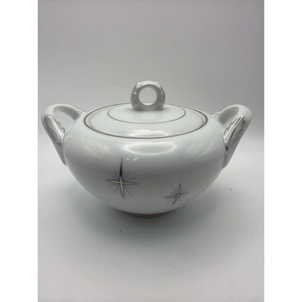 Fukagawa Arita Sugar Bowl Pattern 713 Atomic Starburst Silver Trim Japan Vintage